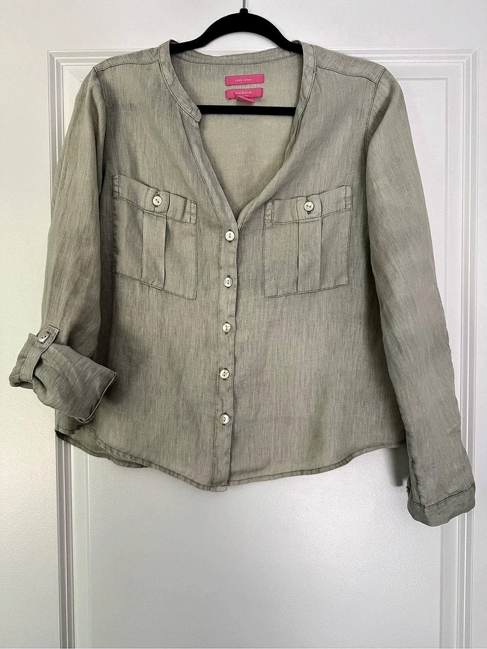 Isaac Mizrahi New York Linen Button Down in Green Size Small Like New